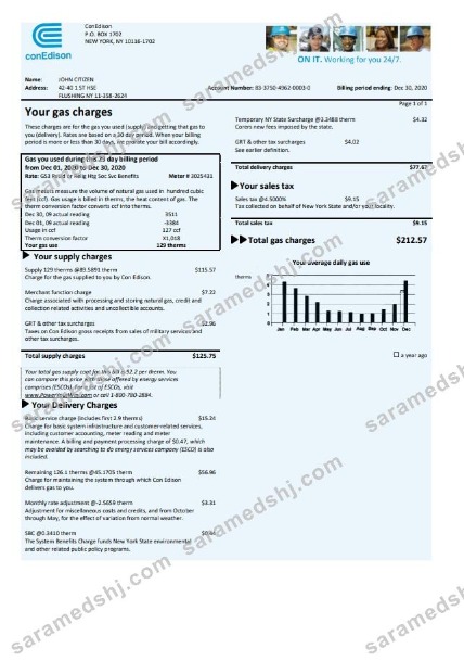 USA Con Edison gas utility bill template in Word and PDF format